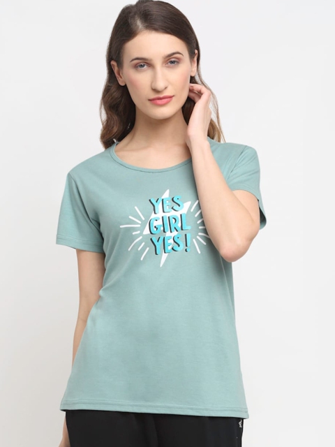 Kanvin Women Sea Green Printed Lounge Tshirts