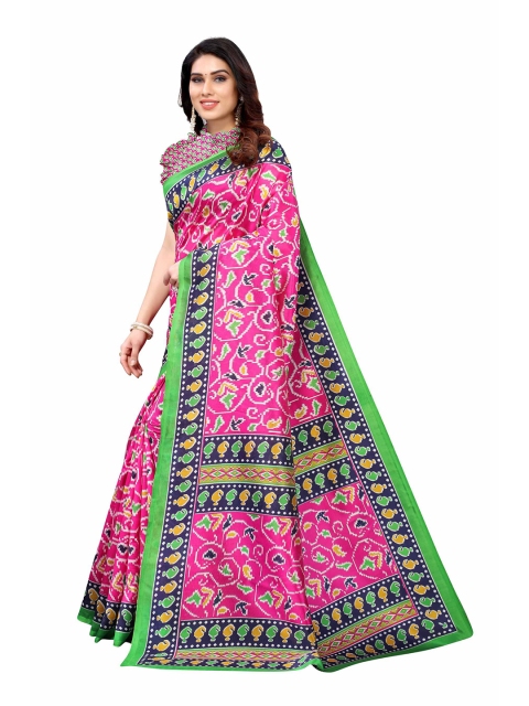 AADVIKA Pink & Green Ethnic Motifs Art Silk Mysore Silk Saree