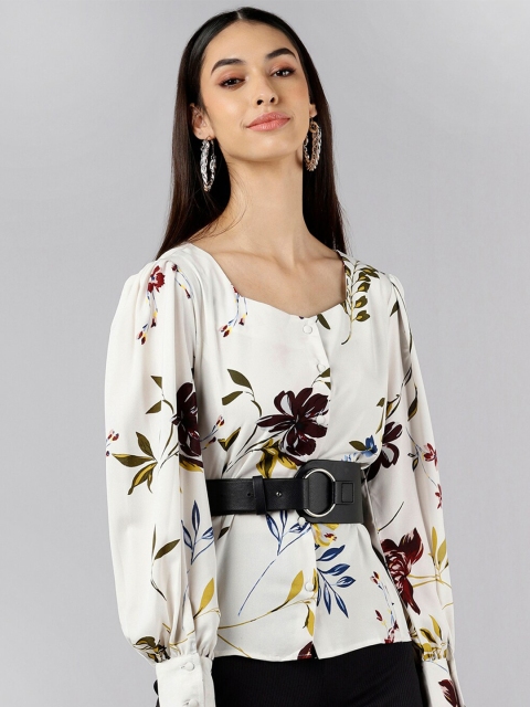 AHIKA White Floral Print Georgette Shirt Style Top
