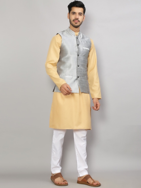 GRACIT Men Beige & Silver Kurta with Pyjamas & Nehru Jacket