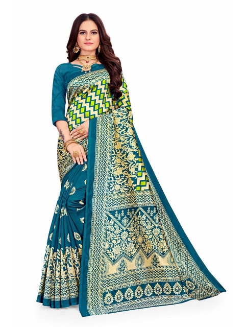 AADVIKA Women Teal Green Floral Print Mysore Silk Saree