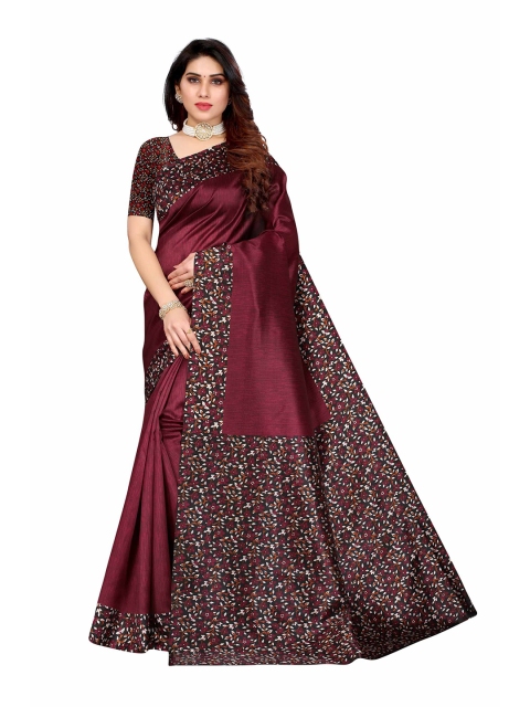 AADVIKA Maroon & White Floral Mysore Silk Saree