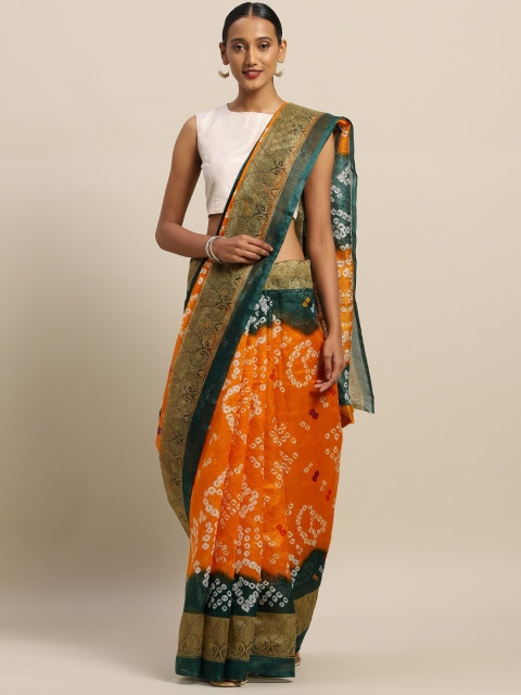 SAADHVI Orange & Green Bandhani Zari Art Silk Saree