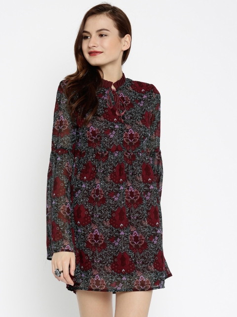 SASSAFRAS Women Maroon & Green Printed A-Line Mini Dress