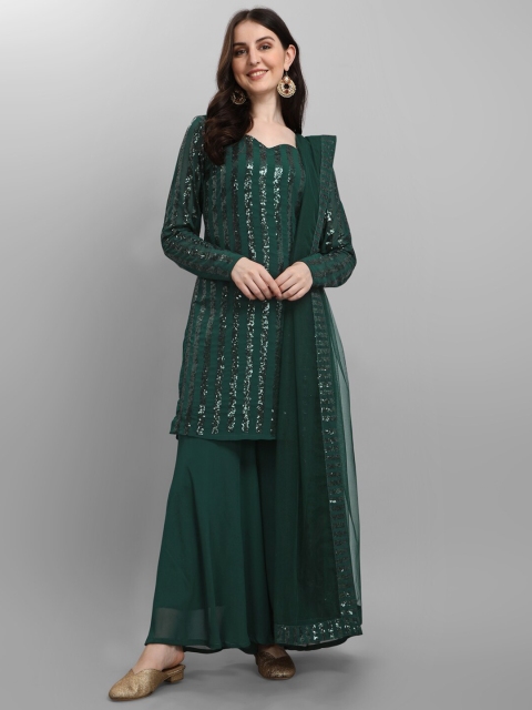 JATRIQQ Women Green Embroidered Silk Georgette Semi-Stitched Dress Material