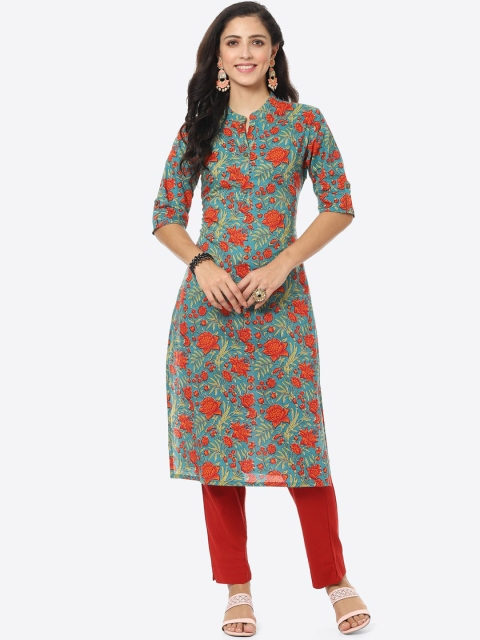 Meena Bazaar Women Teal & Red Floral Printed Kurta