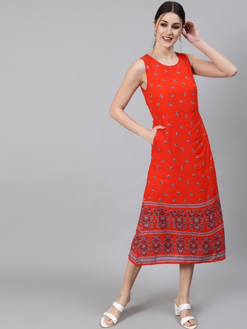 Awadhi Women Orange Ethnic Motifs A-Line Midi Dress