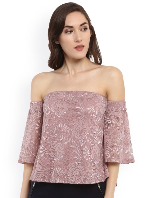 Kazo Mauve Floral Embellished Off-Shoulder Lace Bardot Top