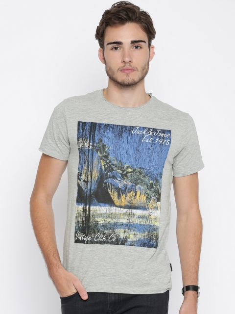 Jack & Jones Men Grey Melange Printed T-shirt