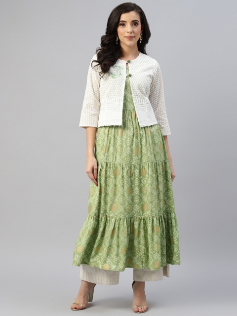 Readiprint Fashions Women Green & White Bandhani Printed Tiered Anarkali Kurta with Jacket
Readiprint Fashions Women Green & White Bandhani Printed Tiered Anarkali Kurta with Jacket