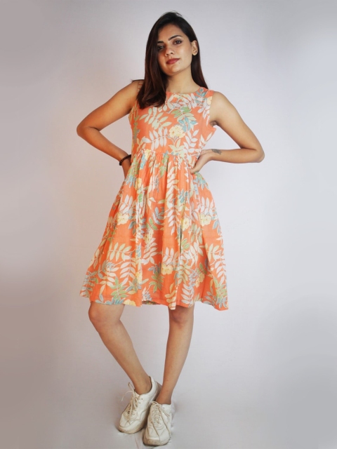 Threeness Orange Floral Pure Cotton Dress