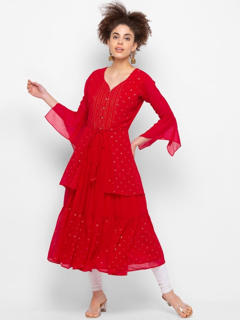 ZOLA Women Red Embroidered Flared Sleeves Georgette Kurta