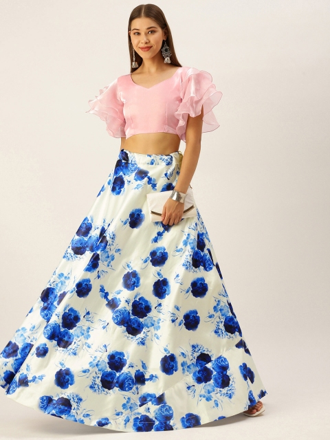 LOOKNBOOK ART Blue & Pink Satin With Floral Print Work Two Piece Lehenga