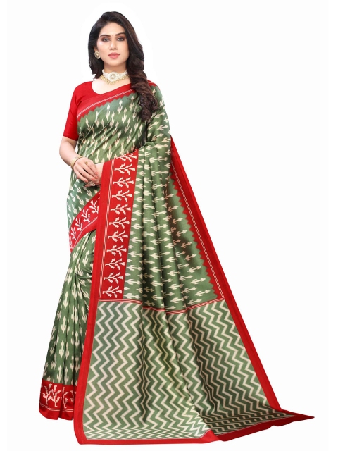 AADVIKA Green & Red Printed Mysore Silk Saree
