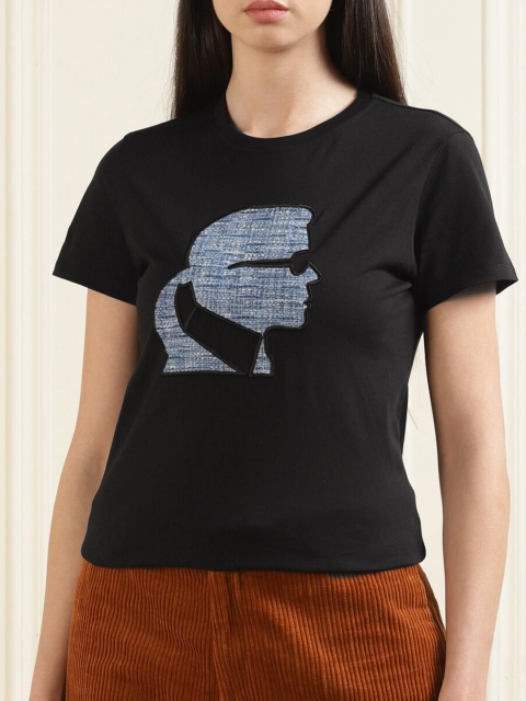 Karl Lagerfeld Women Black Graphic Printed Organic Cotton T-shirt
