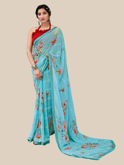 UNITED LIBERTY Blue & Red Floral Zari Pure Georgette Block Print Saree