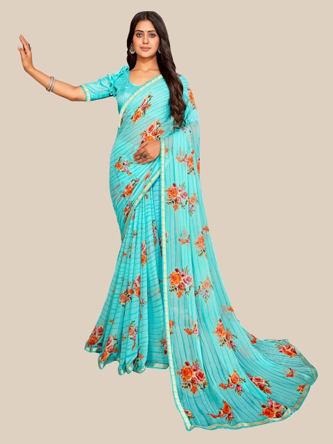 UNITED LIBERTY Blue & Orange Floral Zari Block Print Georgette Saree