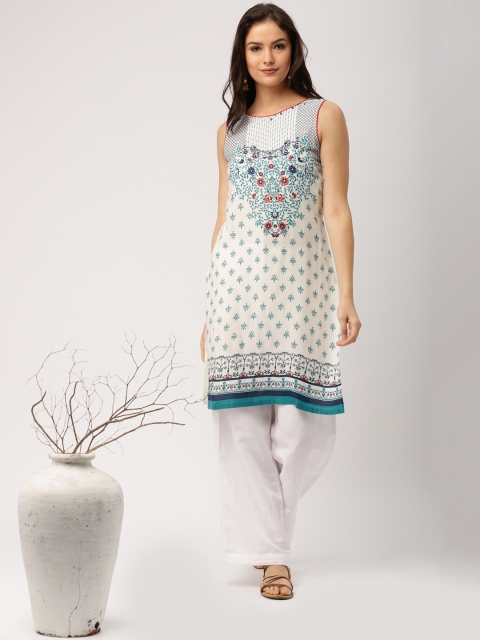 IMARA Women White Printed Straight Kurta