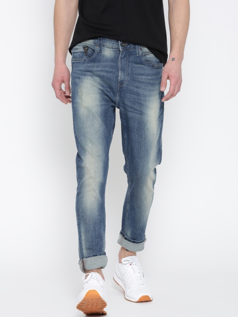 United Colors of Benetton Men Blue Carrot Fit Mildly Distressed Stretchable Jeans