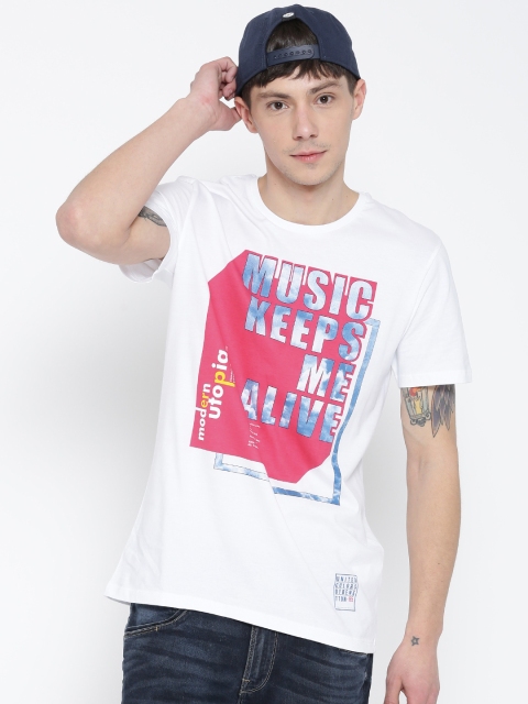 United Colors of Benetton Men White Printed Round Neck T-shirt
