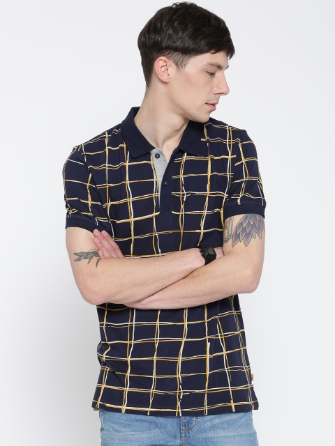 United Colors of Benetton Men Navy Checked Polo Collar T-shirt, Navy blue