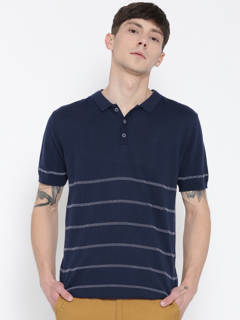 United Colors of Benetton Men Navy Blue Striped Polo Collar T-shirt