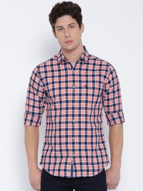 United Colors of Benetton Men Peach-Coloured & Navy Checked Casual Shirt