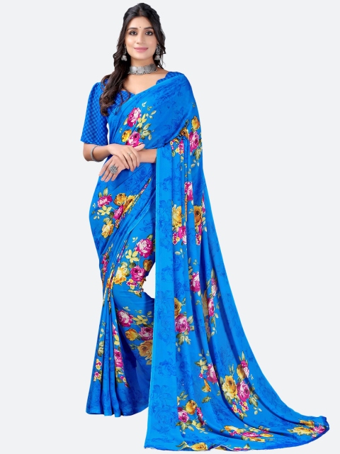 KALINI Blue & Pink Floral Printed Saree
