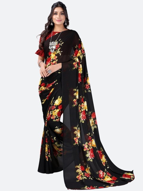 KALINI Black & Red Floral Printed Saree