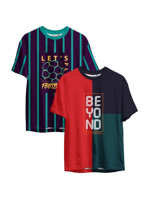 mezmoda Boys Navy Blue & Red Typography 2 Striped Sublimation T-shirt