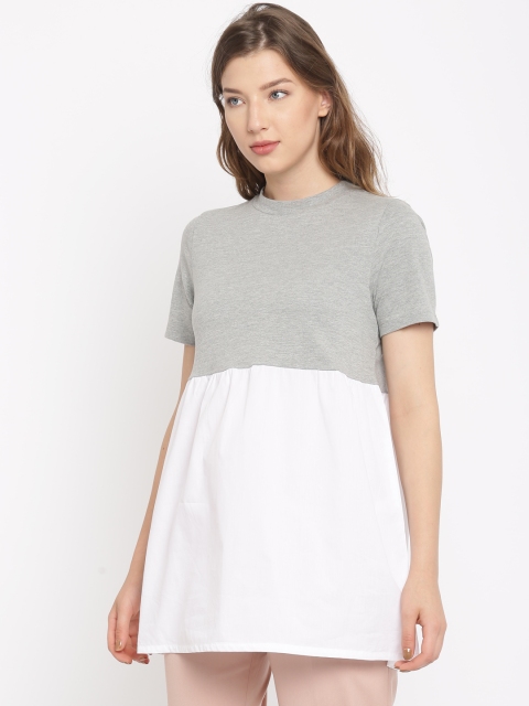 Vero Moda Women Grey Melange Colourblocked Regular Top