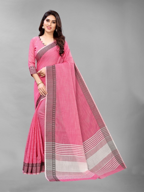 PERFECTBLUE Pink & Black Zari Linen Blend Saree