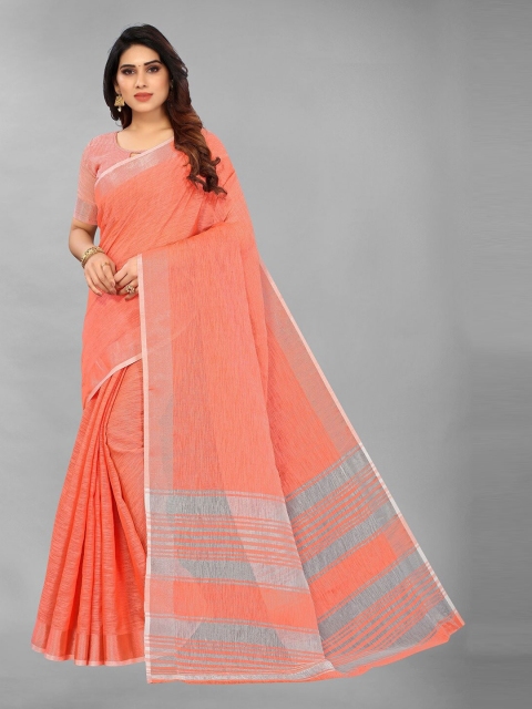 PERFECTBLUE Coral & Grey Zari Linen Blend Saree