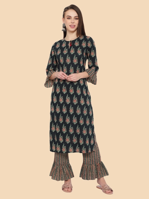 shashvi Women Green & Red Ethnic Motifs Printed Bell Sleeves Kurta