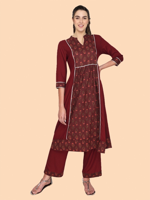 shashvi Women Maroon Floral Printed Cotton Kurta
