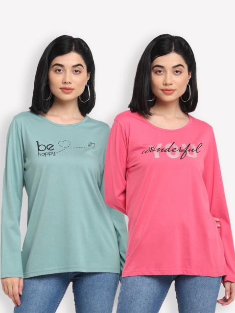 Kanvin Women Pack of 2 Sea Green & Pink Typography T-shirts