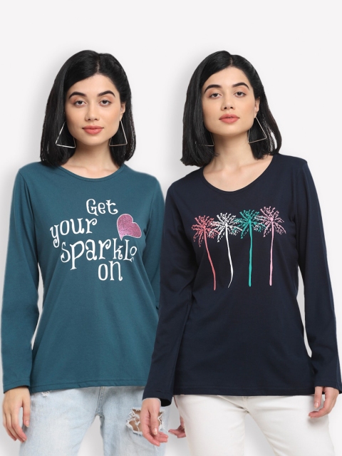 Kanvin Women Navy Blue & Teal Pack Of 2 Printed T-shirts