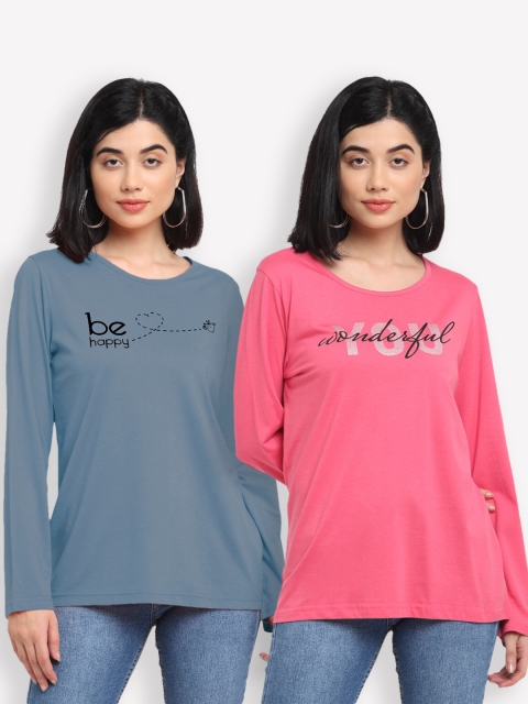 Kanvin Women Blue & Pink Pack Of 2 Typography Printed T-shirt