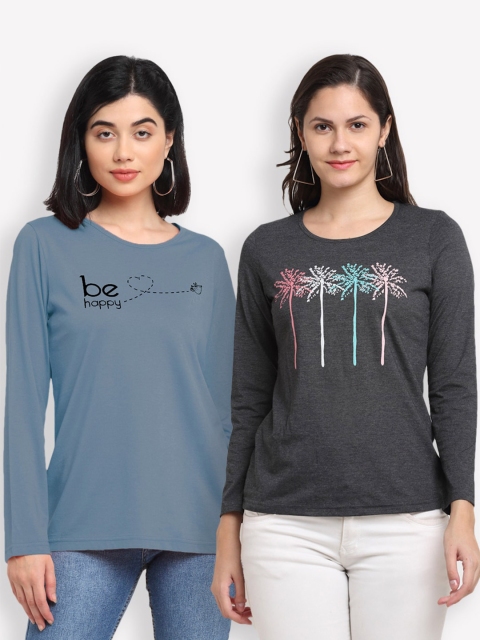 Kanvin Women Blue & Charcoal Typography 2 Printed T-shirt