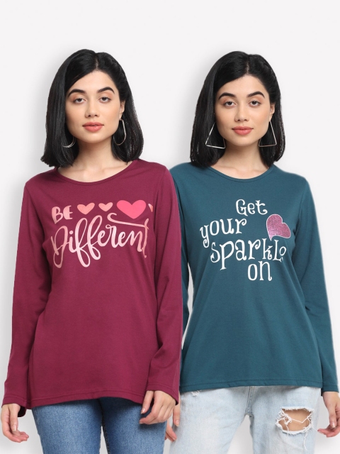 Kanvin Women Maroon & Teal Set Of 2 Printed T-shirt