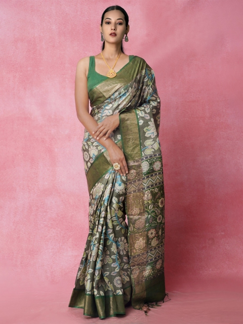 Unnati Silks Green & Grey Floral Zari Handloom Sustainable Pure Silk Bengal Tussar Saree
Unnati Silks Green & Grey Floral Zari Handloom Sustainable Pure Silk Bengal Tussar Saree