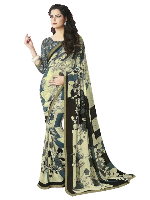 UNITED LIBERTY Grey & Yellow Floral Block Print Saree
