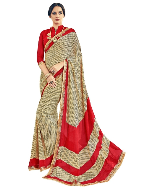UNITED LIBERTY Cream-Coloured & Red Ethnic Motifs Block Print Saree