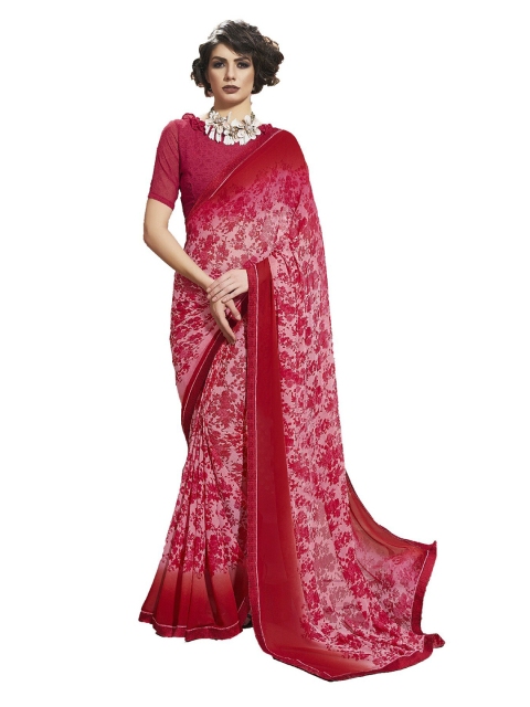UNITED LIBERTY Pink & Maroon Floral Block Print Saree