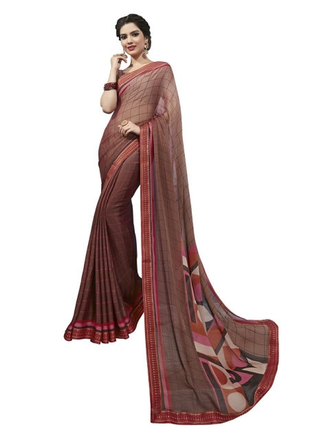 UNITED LIBERTY Brown & Red Checked Art Silk Block Print Saree