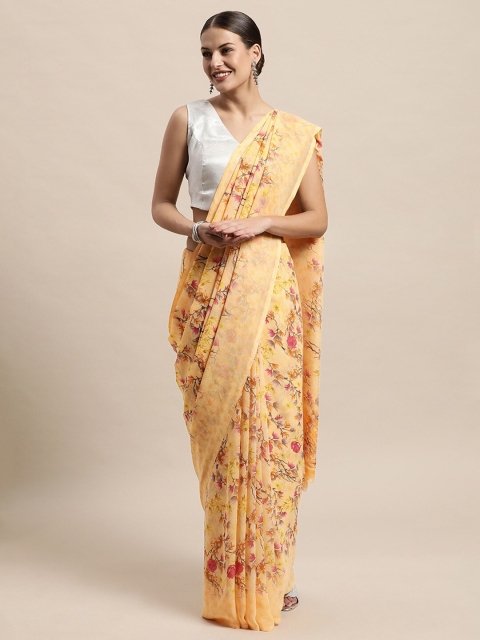 PERFECTBLUE Peach-Coloured Floral Saree