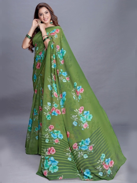 PERFECTBLUE Green & Blue Floral Saree