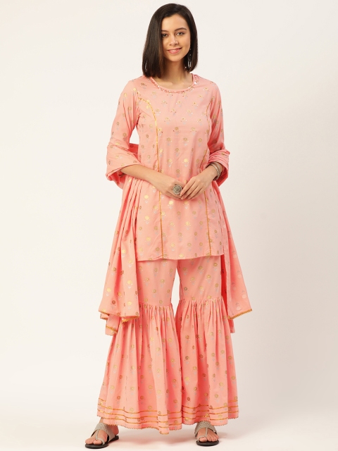 MAAND Women Peach-Coloured Floral Embroidered Sequinned Pure Cotton Kurti with Sharara & With Dupatta
MAAND Women Peach-Coloured Floral Embroidered Sequinned Pure Cotton Kurti with Sharara & With Dupatta