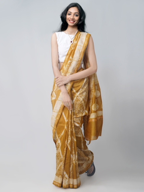 Unnati Silks Yellow & White Batik Silk Cotton Chanderi Saree