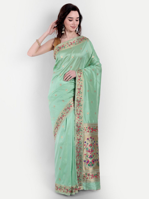 VAIVIDHYAM Turquoise Blue & Gold-Toned Woven Design Zari Silk Blend Banarasi Saree
VAIVIDHYAM Turquoise Blue & Gold-Toned Woven Design Zari Silk Blend Banarasi Saree